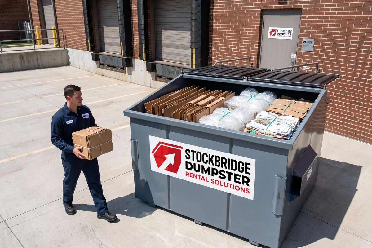 Commercial dumpster at a Stockbridge business loading dock with a worker recycling cardboard