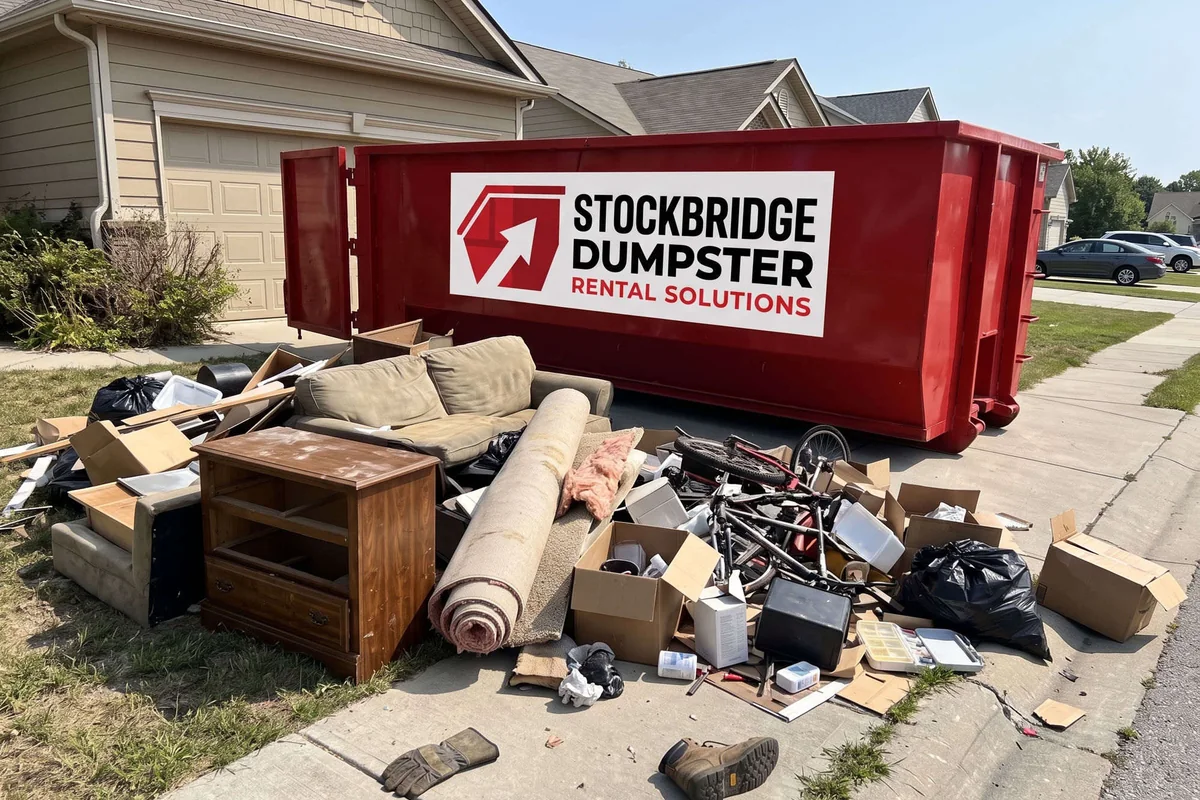 Home cleanout with a Stockbridge roll-off dumpster and a driveway pile of furniture and junk
