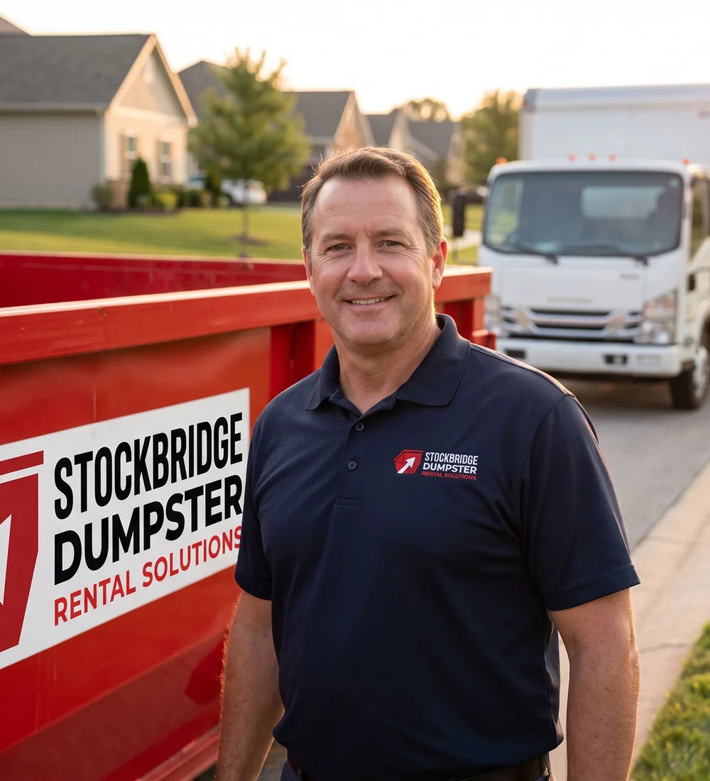 Marcus Bellamy, owner of Stockbridge Dumpster Rental Solutions, beside a red roll-off dumpster