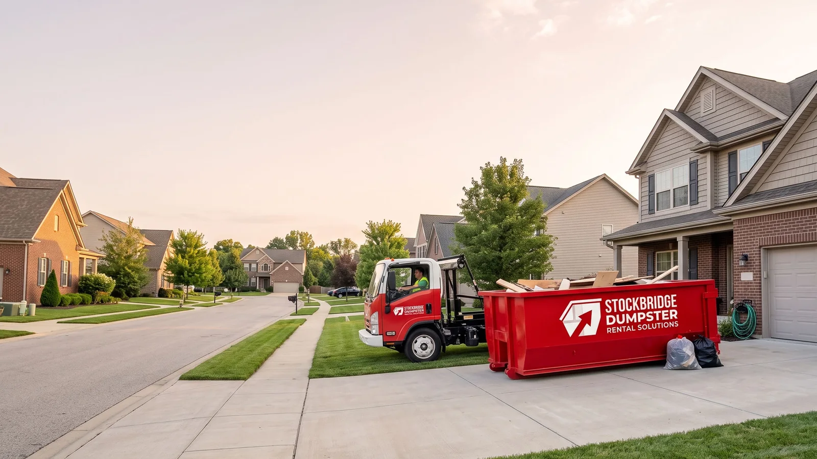 Stockbridge Dumpster Rental Solutions delivering a roll-off dumpster in a Henry County neighborhood