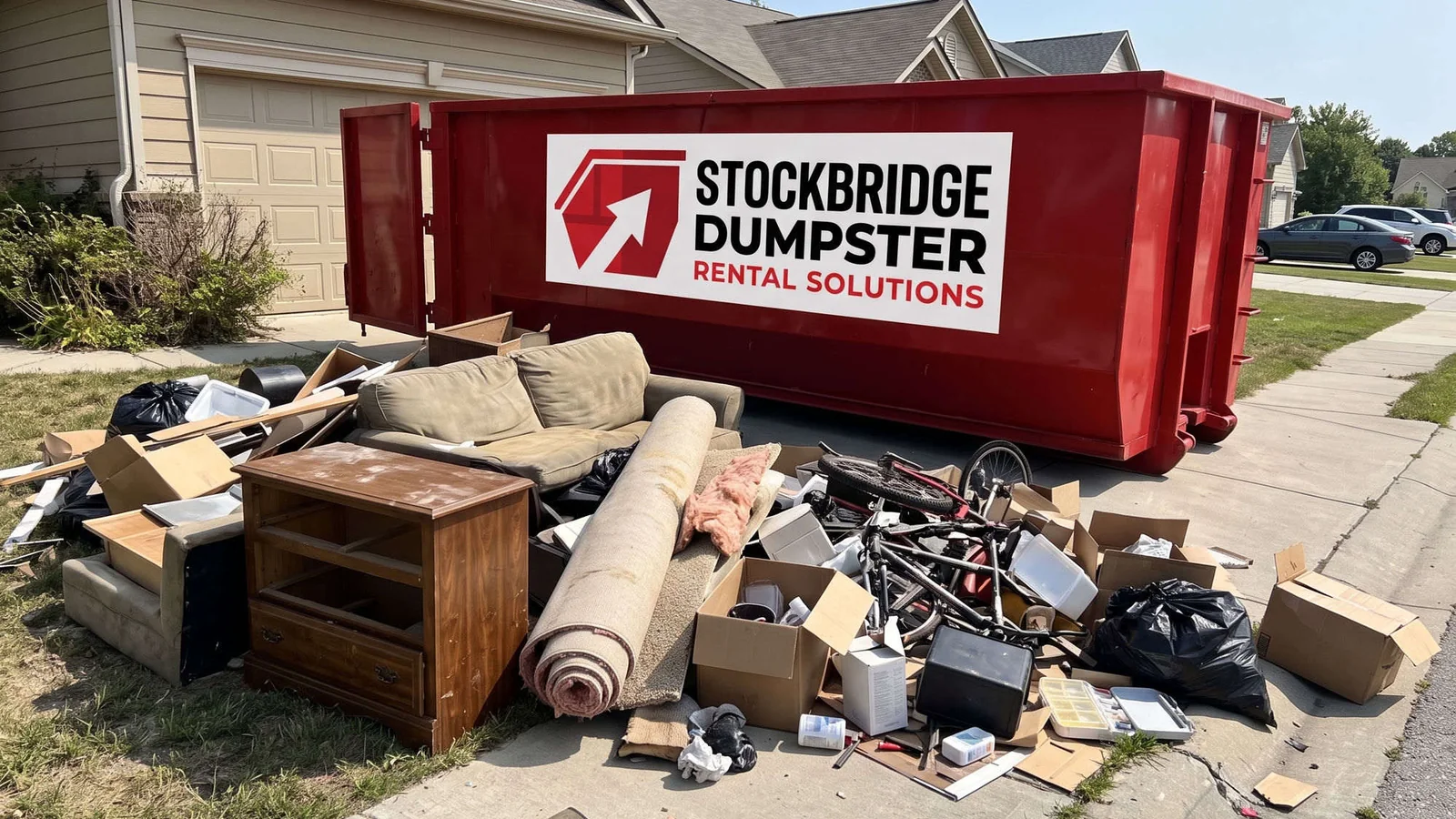 Estate cleanout in progress with a roll-off dumpster for sorting belongings