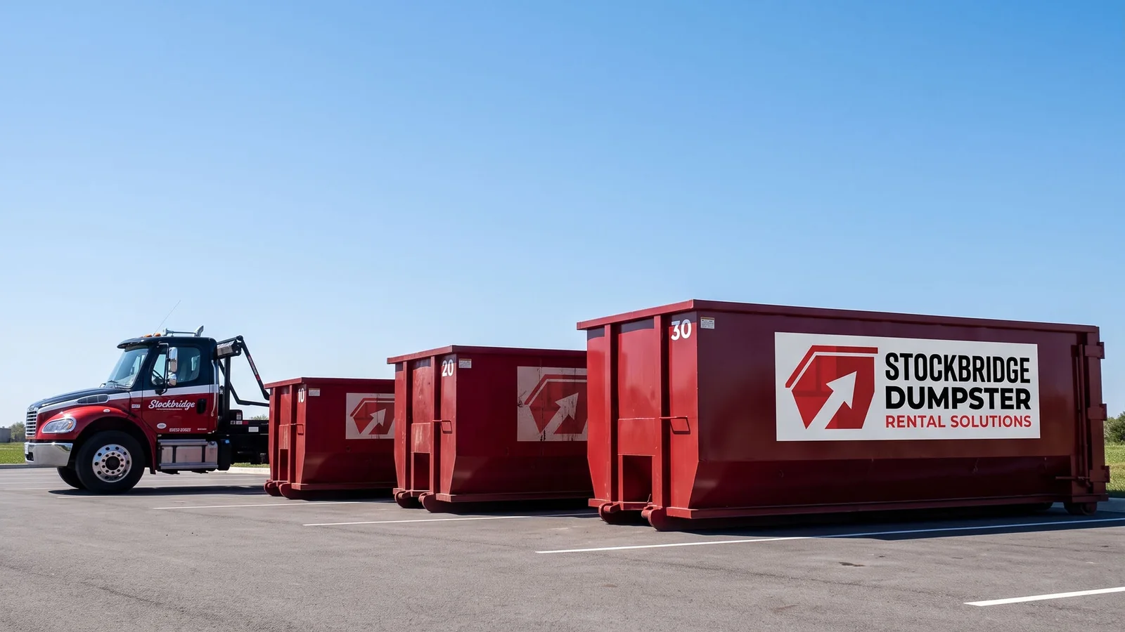 Stockbridge Dumpster Rental Solutions roll-off truck and red containers ready for delivery