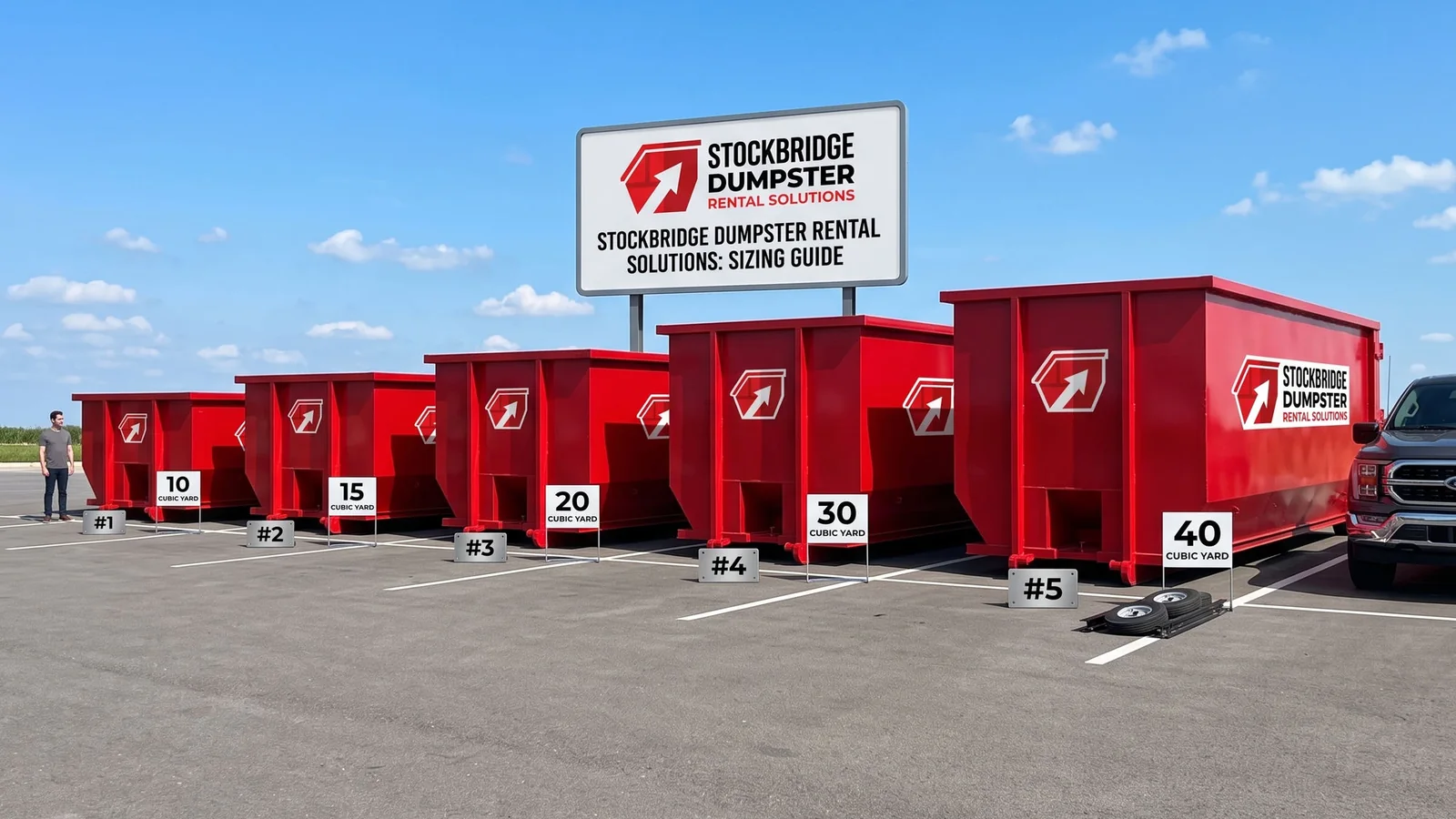 Comparison lineup of 10, 15, 20, 30 and 40 yard roll-off dumpsters